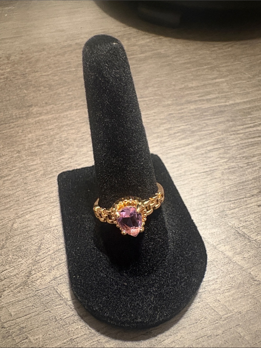 Gold-Tone Ring with Pink Heart Gemstone